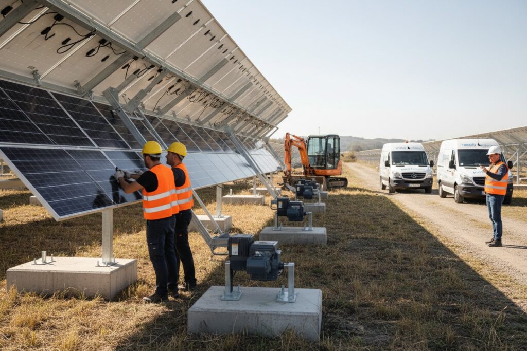 wygeneruj obraz na którym monterzy ubrani w żółte kaski i kamizelki odblaskowe montują moduły PV na konstrukcji tracker solarny (systemu nadążnego) obejmuje wykonanie solidnego fundamentu, montaż obrotowej konstrukcji stalowej, instalację silników z przekładniami (jedno- lub dwuosiowych) oraz integrację sterownika z czujnikami nasłonecznienia lub modułem GPS. Taki układ pozwala panelom podążać za słońcem, zwiększając uzyski energii nawet o 20-40%. stoi mała koparka i ładowarka a w oddali dwa białe auta dostawcze marki mercedes Sprinter z logo Install Systems obok których stoi kierownik budowy w kamizelce odblaskowej i białym kasku
