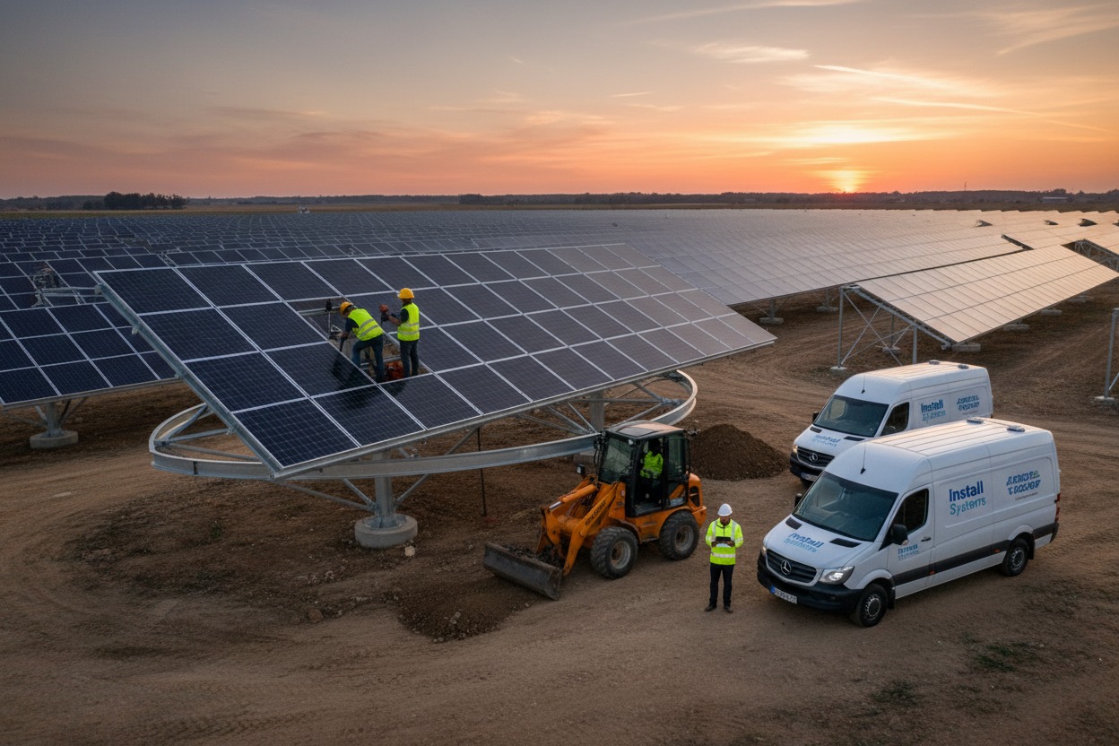 wygeneruj bardziej realistyczny obraz na którym monterzy ubrani w żółte kaski i kamizelki odblaskowe montują moduły PV na konstrukcji tracker solarny, montaż obrotowej konstrukcji stalowej. Obok pracuje mała koparka i ładowarka, a w pobliżu stoją dwa białe auta dostawcze marki mercedes Sprinter z wyraźnym logo Install Systems na boku i masce. Obok aut stoi kierownik budowy w żółtej kamizelce odblaskowej i białym kask W tle widać już zbudowaną dużą farmę PV. nad którą widać ładny zachód słońca.